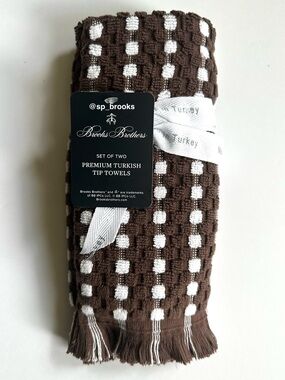🎁2PC Brooks Brothers Premium Turkish Cotton Tip Towel Set - Brown and White